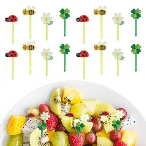 24 Stück Piekser Fingerfood Kinder, Obstgabeln Kinder, Bento Box Piekser Kinder, Obstspieße Kinder, Spieße Kinder Brotbox, Mini Sonnenblume Marienkäfer Food Picks für Desserts Obst Mittagessen Party