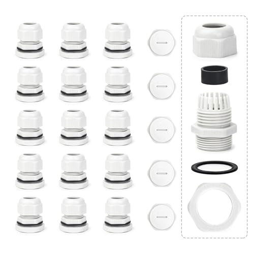 Kabelverschraubung wasserdichte Set, 15 Stück Einstellbar Kabelverschraubungen, Kunststoff Nylon Kabeldurchführungen mit 5 Steckern, Grau Kabeldurchführung für Verschiedene Kabelanschlüsse