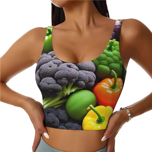 YYHWHJDE Damen Sport-BH, elastisch, Sportweste, Yoga, Tank-Tops, Shirts, schnell trocknend, Stoffvielfalt, frisches Gemüse, Obst, Drucke, Schwarz , XX-Large