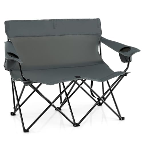 FANTASK Campingstuhl für 2 Personen, Klappstuhl mit Getränkehaltern, Armlehnen & Tragetasche, 300 kg Tragfähigkeit, klappbarer Campingsofa (Grau)