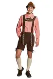 Partychimp Oktoberfest Trachten Set für Herren, Lederhose Kostüm Outfit, Bayerische Lederhose Herren Tracht, Kurze Dunkelbraune Lederhose mit Träger und Oktoberfest Hemd Rot - Größe L