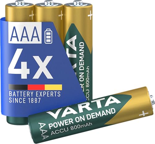 VARTA Batterien AAA, wiederaufladbar, 4 Stück, Power on Demand Recharge Accu, Akku, 800 mAh Ni-MH, ohne Memory Effekt, vorgeladen, in umweltschonender Verpackung, sofort einsatzbereit