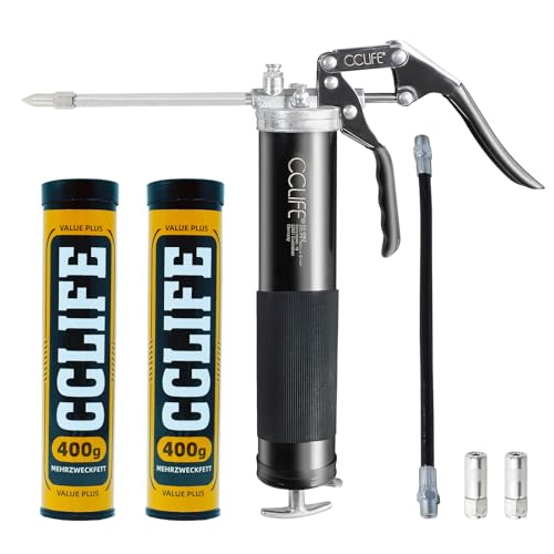 CCLIFE Einhand Fettpresse 6000 PSI mit 2x 400g Mehrzweckfett Schmierpresse mit Pistolengriff & 12" Flexschlauch Auslaufsicheres Design für KFZ, Landmaschinen, Industrie, Baugeräte
