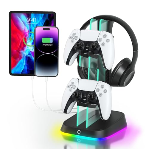 XIONZIJA Gaming-Kopfhörer-Ständer und Headset-Halter für den Schreibtisch, mit 2 USB-Ladeanschlüssen, Kopfhörer-Aufhänger, Zubehör für Desktop-Gamer