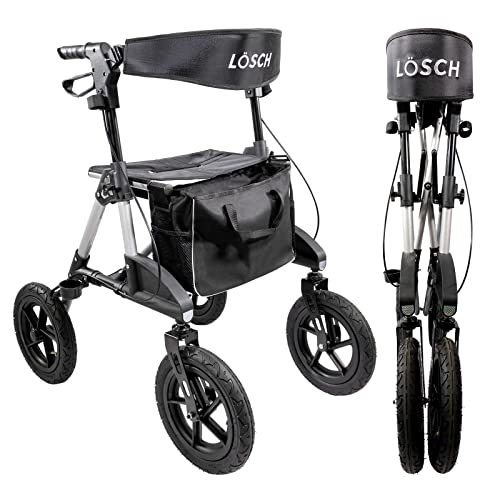 TABAS Rollator faltbar und leicht I Outdoor Rollator mit Luftbereifung, inkl. Sitzfläche mit Rückengurt, Tasche & Stockhalter I höhenverstellbare Gehhilfe I Gehwagen ideal für Reisen I Lösch Reha