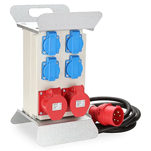Tysobes Stromverteiler, Wandverteiler, 2x CEE 16A/400V+4x 230V Schuko IP44 5 polig, Baustromverteiler mit kabelsicherem Klappdeckel, für den Innen und Außenbereich, Baustellen