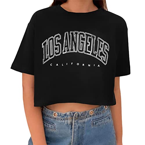 Tomwell T-Shirt Damen Crop Top Kurzarm Sportshirt Sexy Oberteil Bauchfrei Sommer Vintage Crop Tshirt mit Schmetterling Muster Lose Sweatshirt Rundhals Teenager Mädchen Bluse A Schwarz M