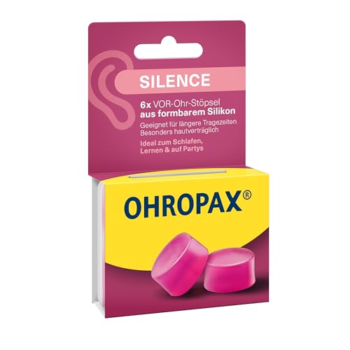 OHROPAX Silence Ohrstöpsel – pinke VOR-Ohr-Stöpsel aus formbarem Silikon – dermatologisch getestet – für alle Ohren geeignet – Schalldämmwert SNR 23 dB – zum Schlafen, Lernen und für Party – 6 Stück