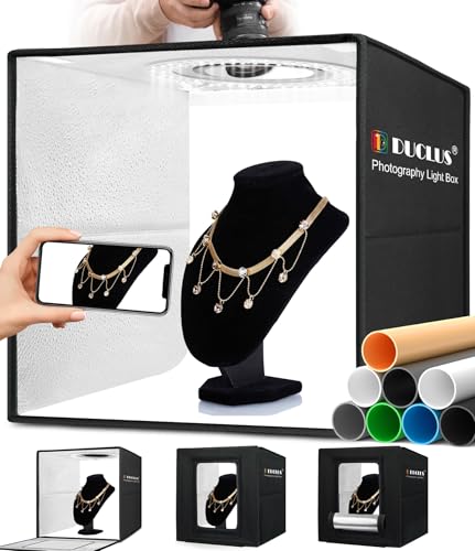 DUCLUS Fotobox 40x40 cm Faltbare Fotostudio, 5500K Dimmbare Lichtzelt Set mit 160 LED Beleuchtung und 8 Produktfotografie Hintergründe