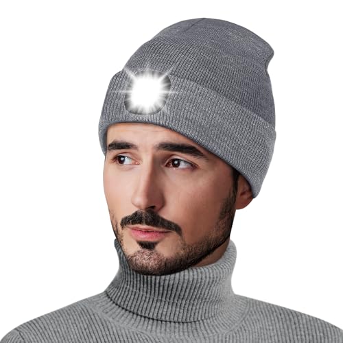 Richaa Geschenke für Männer Weihnachten Mütze mit LED Licht Herren Wiederaufladbare LED Mütze Damen Winter Beanie Grau Stirnlampe Lustige Kleine Geschenke für Papa Freundin Paare