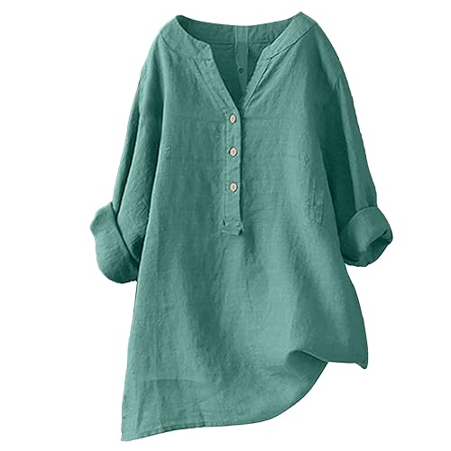 Geilisungren Damen Leinenbluse, Sommer Button-Down Bluse Übergröße Musselin Bluse Frauen V-Ausschnitt Leinenbluse Schlichtes Große Größen Langes Shirt Atmungsaktive Tops Leinen Shirt