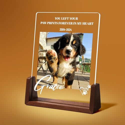 papasgix Personalisiert Gedenkstein Hund Katze LED Acrylglas Gedenktafel für Grab mit Foto Gedenkstätten & Bestattungen für Hunde Erinnerung Gedenkgeschenke für Haustiere Tiere (5x7in Weiß Tier)