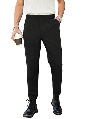 Elegancity Herren Anzughosen Schwarz Einfarbig Business Chino Hose Regular Fit Bundgummi Anzughose Lang Mit Tashce XXXL