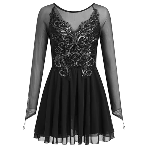 FYMNSI Damen Tanzkleid Eiskunstlauf Kleid Langarm K�rkleid Rollkunstlauf Wettbewerb Tanzanzug mit Pailletten Blumen Mesh Chiffon Rock Ballettkleid Gymnastik Leotard Turnanzug Tanzkost�m Schwarz XS
