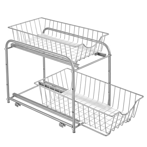 SONGMICS Küchen-Organizer, Küchenregal, Ordnungssystem, 2 Ebenen, stapelbar, erweiterbar, mit Metallkörben, für Küche, Badezimmer, taubengrau KCS017E01V1