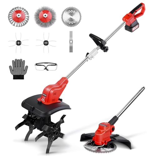 2-IN-1 Gartenfräse mit Li-Ion Akku 21V, Bodenhacke & Rasentrimmer Set, Inkl. Metallmesser, Kreissägeblatt, Akku & Ladegerät, Drahtschneideseil, Drahtrolle, Drahtbürste, Schutzbrille
