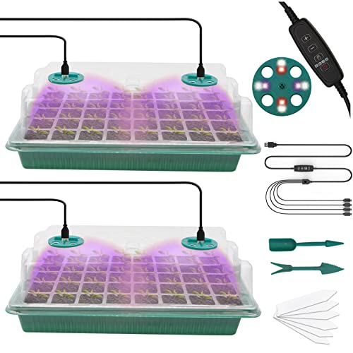 MQFORU Zimmergewächshaus Anzuchtkasten mit Pflanzenlampe, 2 Stück 80 Zellen Mini Gewächshaus Anzucht Set mit Timing-Controller einstellbare Helligkeit，für Pflanzenwachstum und Saatgutkeimung