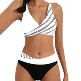 Allegorly Damen Bikini Set Triangel Breites Unterbrustband Zweiteiliger Badeanzug Wickeloptik Lace Up Bikini V Ausschnitt Blumenmuster Zweiteiliger Badeanzug Swimsuit (HJ1D-White, M)