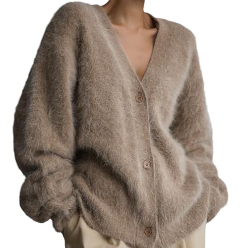 HESYSUAN Luxuriöser Kaschmir-Cardigan für Damen, flauschiger Strickjacke, Plüsch, V-Ausschnitt, offene Vorderseite, Knopf, Pullover-Jacken