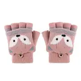 JIAHG Kinder Halbfinger Handschuhe Fingerlose Fäustlinge Mädchen Winter Cartoon Fingerhandschuhe Strickhandschuhe Thermohandschuhe mit Klappe (Fuchs Rosa)