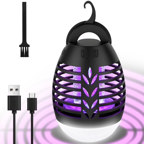 EUQQZU Insektenvernichter, Mückenlampe Camping USB Rechargeable mit 3 Modus LED Licht, IPX6 Wasserdicht Fliegenfalle Elektrisch für Camping Gärten Innen Draußen