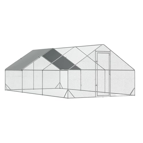 PawHut Hühnerstall Freilaufgehege aus Stahl, 300 x 600 x 200 cm Hühnerkäfig mit Abdeckung, Tür, Hühnergehege für 12-18 Hühner, Kleintiere, Silber