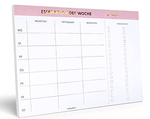 Montagsliebe® Magnetischer Essensplaner & Einkaufsliste zum Abreißen, Wochenplaner Meal Planner DIN A4, Kühlschrank Magnet Block mit Goldschrift, rosa