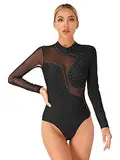 iEFiEL Damen Langarm Turnanzug Glitzer Tanzbody Ballett Trikotanzug Leotard Patchwork Gymnastikanzug Tanzanzug Wettbewerb Kostüm Schwarz Langarm M