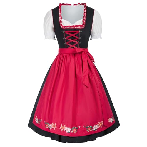 sdhienbb Dirndl Damen Midi Trachtenkleid 3tlg mit Schürze und Bluse Trachtenmode Kleid für Oktoberfest Vintage, Besondere Anlässe Dirndl schwarz midi Dirndl größe 32 blau