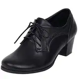 MJIASIAWA Damen Runde Zehen Buro Arbeit Leisure Blockabsatz Schnüren Brogue Pumps Klassischer Mitte Absatz Comfy Oxford Retro Schuhe Schwarz Gr 39 EU/40 Asiatisch