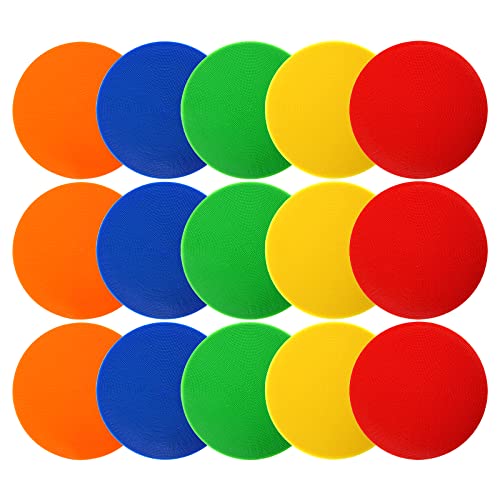 Okllen 15 Pack Poly Vinyl Spot Marker, 23 cm Bodenpunkte Rutschfeste Gummi Agility Punkte, Flache Feldkegel Kreise für Training, Übungsübungen, Fitnessstudio, Fußball, Basketball, 5 Farben