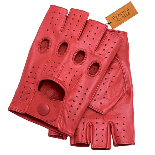 Hochwertige rote Fingerlose Handschuhe aus Schaffell – bequem, langlebig und verstellbar zum Autofahren, Radfahren, Motorradfahren, Trainieren im Fitnessstudio und für Outdoor-Sportarten (Medium)