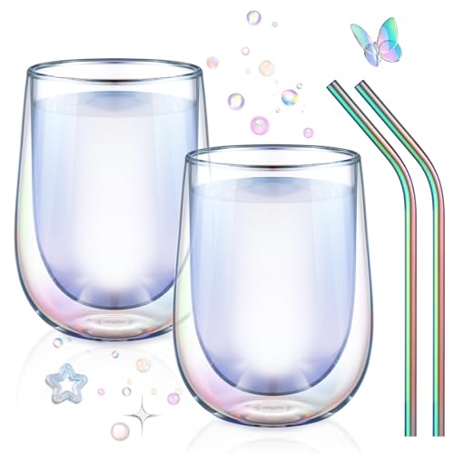 glastal Doppelwandige Kaffeegläser 350ml Latte Macchiato Gläser Bunt Wassergläser 2er Set Trinkgläser Cocktail Gin Gläser Teegläser für Cappuccino Milch, Geburtstag Valentinstag Geschenke für Frauen