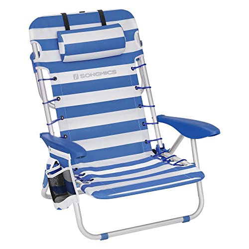 SONGMICS Strandstuhl, Campingstuhl, faltbar, mit Schultergurt, verstellbare Rückenlehne, Kopfstütze, Armlehne, 2 Seitentaschen, Blau und Weiß GCB62BU