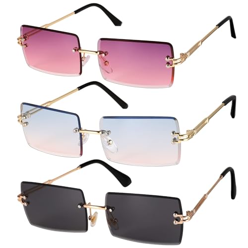 Gaosaili 3 Stücke Rechteck Randlose Sonnenbrille, Retro Durchsichtige Linse Rahmenlose Sonnenbrille für Frauen Männer - Square Rimless Sunglasses