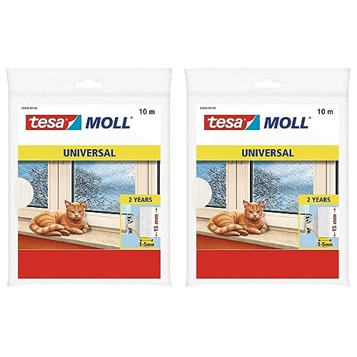 tesamoll Universal Schaumstoff - Schaumstoffdichtung zum Isolieren von Spalten im Haushalt, selbstklebend - Weiß - 10 m x 15 mm x 5,5 mm (Packung mit 2)