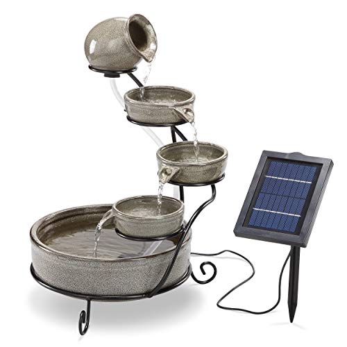 esotec Solarbrunnen für draussen Firenze | Kaskadenbrunnen | Solar Springbrunnen für außen | Gartenbrunnen Wasserspiel | Katzenbrunnen Keramik | Wasserfall Garten | grau H=55cm 101306