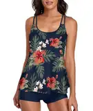 wihnsinop Tankini Damen Bauchweg Bademode Set Freizeit Badeanzug Tankinis Zweiteiler Sets Sommer Elegant Badeanzüge für Damen Oberteil mit Badeshorts