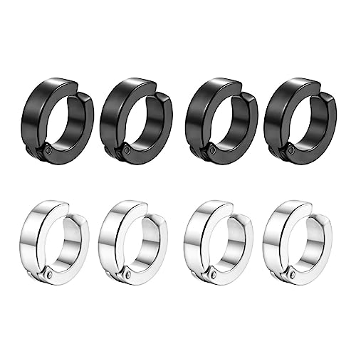 4 Paare Piercing Clip Ohrringe für Männer Frauen, Edelstahl Herren, Non Piercing Set Schwarz Silberton, Creolen Ohne Loch Fake Ohrstecker Ohrclips Klappcreolen, Silber Schwarz