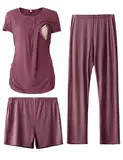 SUNNYBUY Damen Umstandsmode Stillpyjama-Set, Kurzarm-Stillshirts, Schwangerschafts-Shorts und Hosen, 3-teiliges Stillpyjama-Set, Dunkelrot 2XL