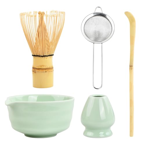5 in 1 Matcha Set Japanisches Matcha Tee Set mit Matcha Besen, Matcha Schale mit Ausgießer, Matcha Schneebesen, Halter Handwerklich Matcha Tea Set aus Keramik Zubehör für Matcha-Zeremonie (Hellgrün)