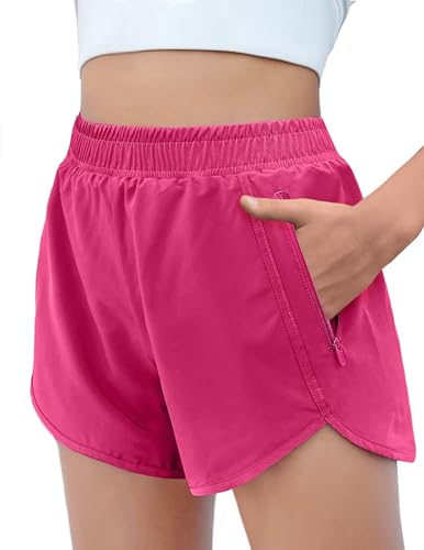 Arshiner Mädchen Sport Shorts Rosenrot Sporthose Sommer Gym Shorts Kinder Kurze Hose Trainingshose mit Mesh Liner Running Radlerhose mit Zip-Taschen 130/7-8 Jahre