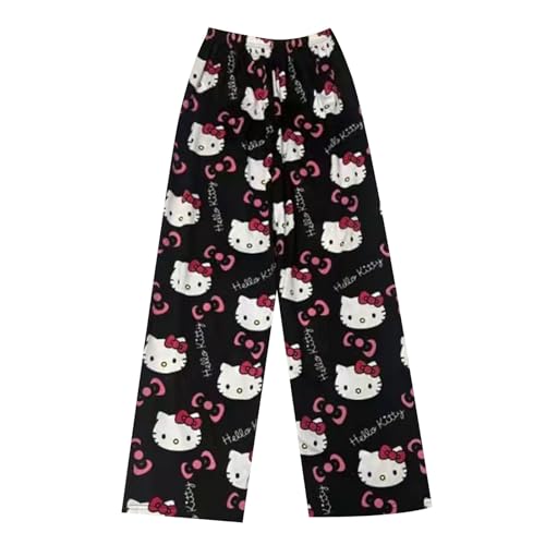 Pyjama Hose Halloween Pyjama Hose Christmas Hose Pyjama Lang Flanell Damen Schlafhose Weich Kawaii Pyjamas Anime Bequeme Schlafanzughose Frauen Anime Cartoon Casual Home Herbst-Winter (schwarz,M)