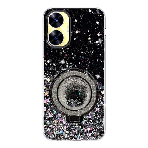 Rnrieyta Miagon Treibsand Ständer Hülle Glitzer für Realme C55,Cute Dünn Crystal Schutzhülle Weiches Bling Transparent Case Bumper mit Flüssig Halter Kickständer