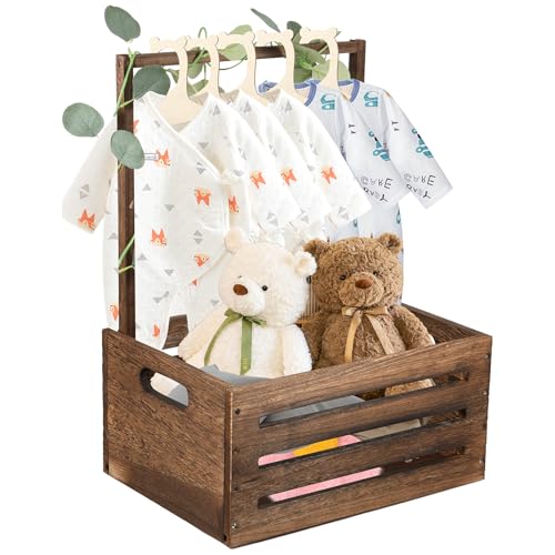 Fyeme Holzkiste für Babyparty mit Stange Aufbewahrungskiste Kinder Braun Babykorb Mit Griff Geschenke für Mutterschaft Neugeborene Party