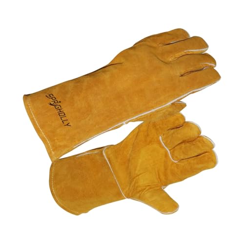 Schweißerhandschuhe Feuer Hitzebeständig Feuerfestes Leder,Schmiede/Mig/Stick Handschuhe für den Kamin Hitze Mitts für Ofen/Grill/Kamin/Ofen/Holzherd/Topfhalter/BBQ/Tierbehandlung,14 Inches