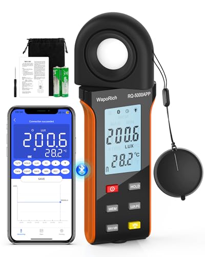 Luxmeter Bluetooth Lichtmessgerät, WapoRich Digital Light Meter Belichtungsmesser Misst 1~400,000Lux/FC mit Umgebungstemperatur Hintergrundbeleuchtung für Fotografie, Pflanzen (RQ-5000APP)