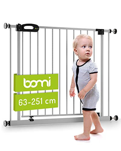 BOMI TÜV & GS Siegel Kinderschutzgitter Merle 63-251 | Ohne Bohren | 90° Stop | Schließt automatisch | Gittertür aus Metall weiss | Stabile Baby Schutzgitter Tür für Kindersicherheit