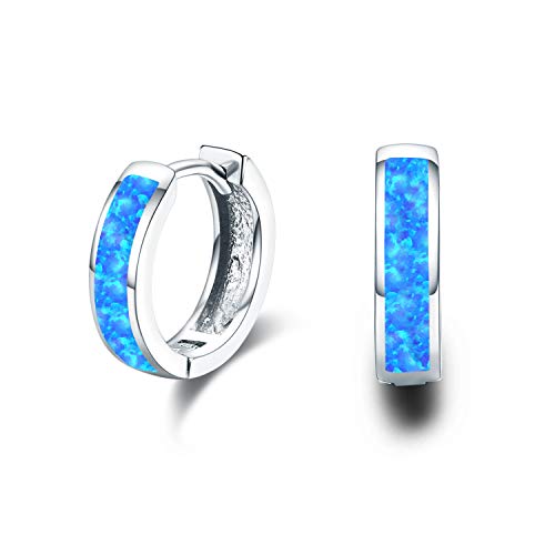 Huggie Ohrringe Damen Creolen Ohrringe 925 Sterling Silber Opal Ohrringe Blaue Opalohrringe Kleine Creolen Kreis Scharnier Blauer Opal Schmuck Geschenk für Frauen Mädchen