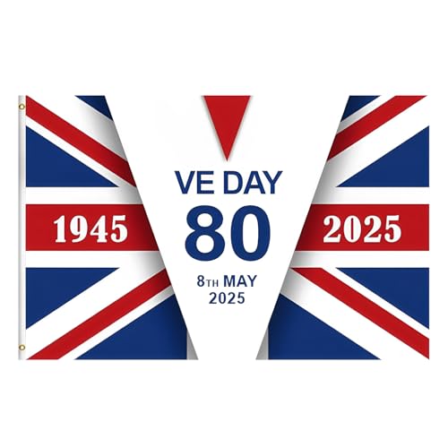 SUNZWO VE Day 80th Anniversary Flag & Bunting 2025-145x95cm Eco-Friendly WWII Victory Decorations for Outdoor/Indoor, Historical Reenactments & Parades
